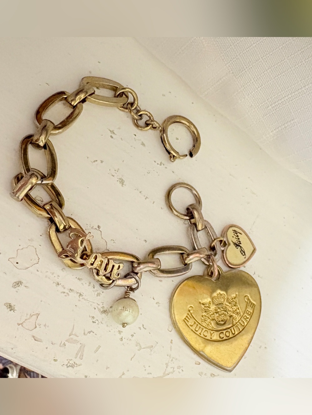 Juicy Couture Love Script "Let Them Eat Couture" Gold Charm Bracelet